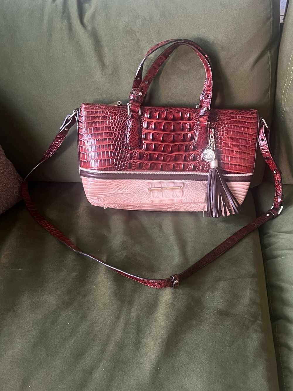 Brahmin Two-Tone Croc-Embossed Satchel in Burgundy and Blush Pink